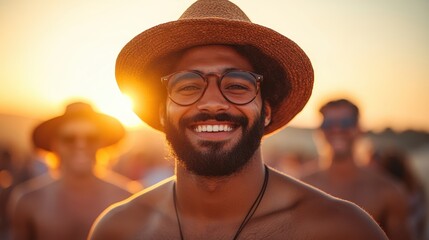 Man in hat smiles. Sunset on a beach. Friends enjoy a summer day with beautiful light