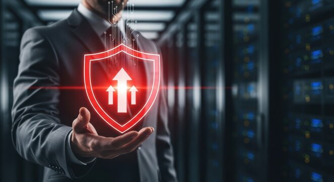 Businessman presenting digital shield with arrows depicting advanced cybersecurity protection for data in a server room environment - Powered by Adobe