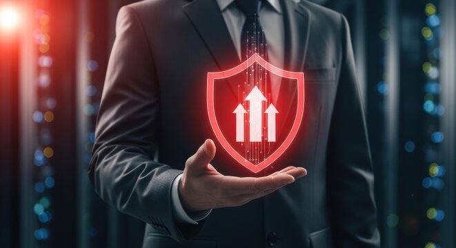 Businessman presents digital shield with rising arrows symbolizing network data protection and cybersecurity in server room