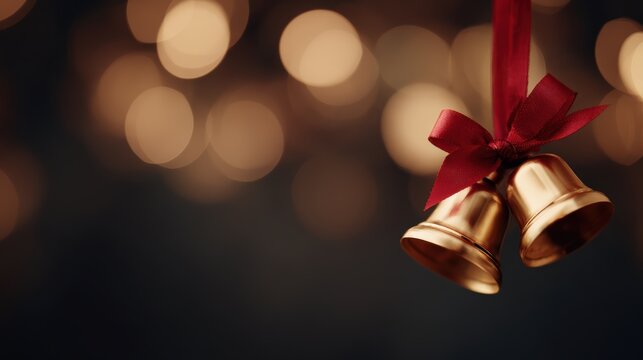 Shiny golden bells tied with red ribbon, illuminated by warm Christmas lights, festive background banner