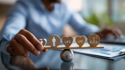 Balancing device with career life terminology displayed out of focus surroundings equilibrium labeling wellness symbolism professional personal parity visual with copy space