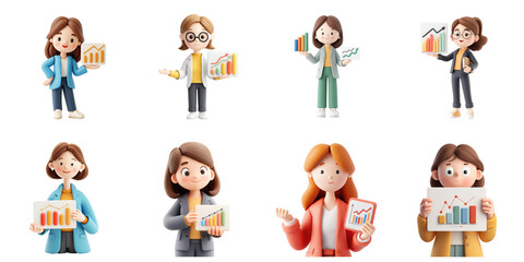 Fototapeta premium Staff character with graph png collection in 3d transparent for stock or trend presentation.