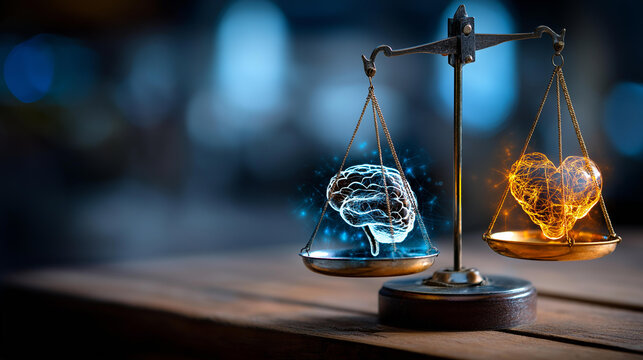 Weighing apparatus displaying illuminated cognitive and emotional symbols hazy backdrop rational versus feeling comparison decision making balance metaphor mind heart
