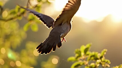 A serene dove perches on a tree branch amidst lush greenery, symbolizing hope and peace, perfect for creating a sense of calm in various commercial applications such as promotional materials for.