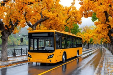 Yellow bus driving on wet road during autumn