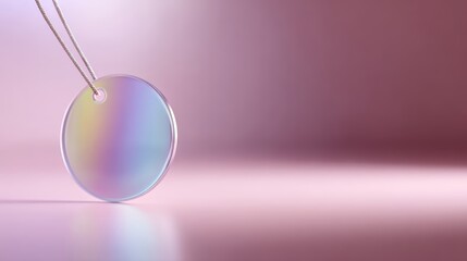 Glass holographic circle sale tag with rainbow gradient, floating shopping badge, 3D render