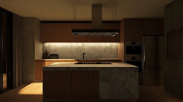 Modern kitchen with island and ambient lighting