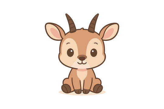 Cute cartoon goat character with big eyes and horns on white background