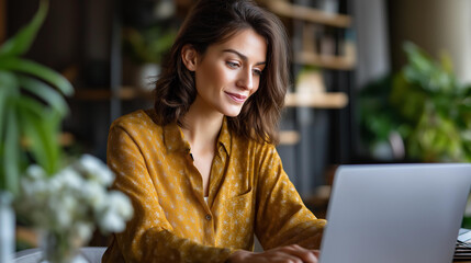 Individual focused on computer in comfortable home soft cozy surroundings screen concentration scene remote work engagement domestic professional focus with copy space