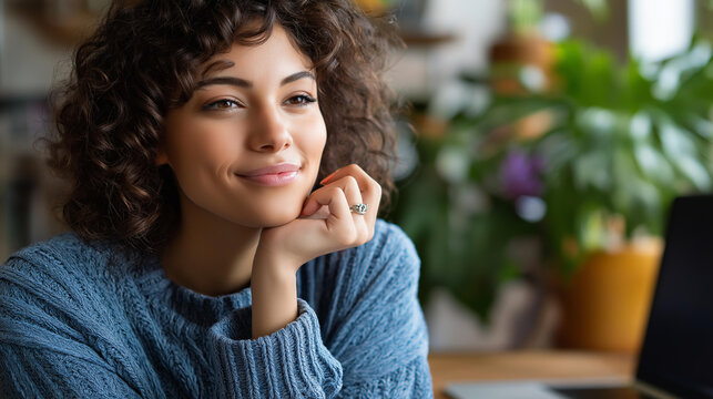 Female remote worker in comfortable setting with computer soft cozy environment women's wellness workspace feminine career balance relaxed professional scene with copy space