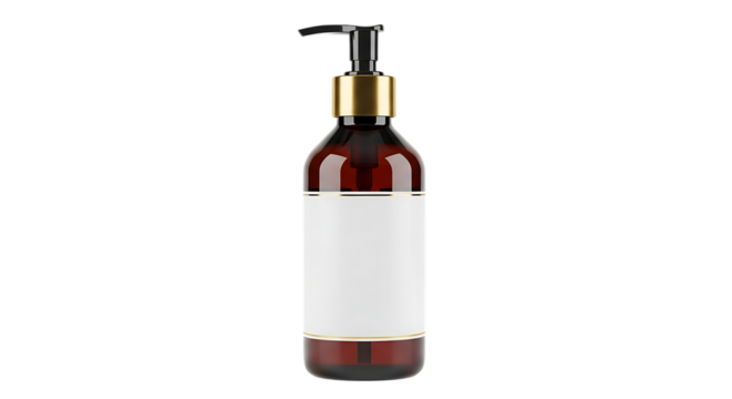Amber Pump Bottle with White Label and Gold Trim, isolated on a transparent background, cutout, PNG