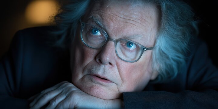 Man rests his head on his hands. He wears glasses and appears to be looking upward, deep in thought
