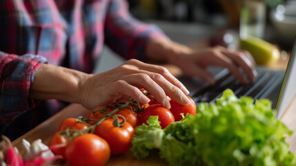 Hands selecting fresh produce beside computer soft kitchen background vegetable laptop proximity healthy eating work scene nutrition career combination with copy space