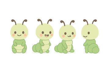 Cute baby caterpillar illustrations in various poses on white background