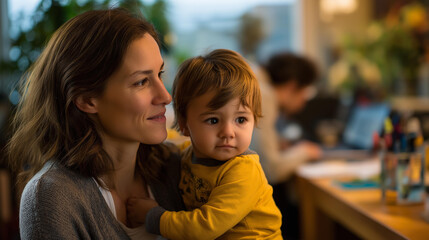 Parent child play while other parent works remotely defocused family table scene home office parenting family career coexistence domestic work integration with copy space