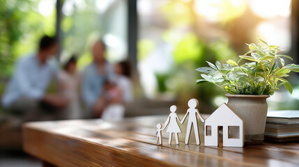 Family gathering scene blurred residential background lifestyle integration visual personal professional blend domestic harmony representation with copy space