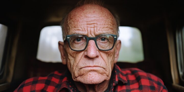 Elderly man stares forward while seated in a vehicle, wearing glasses and a red plaid shirt