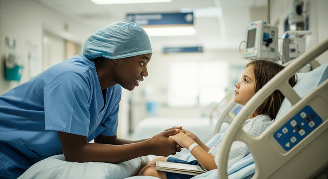 Nurse comforting child patient in hospital bed - Powered by Adobe