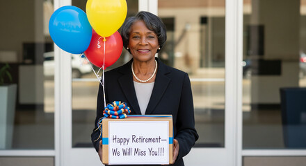 Senior woman celebrating retirement with balloons and gift