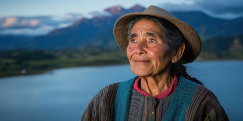 Indigenous woman in traditional clothing gazes at the Andes from Huaypo lake, Peru, during evening