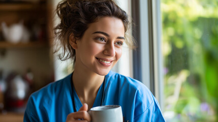 Medical professional enjoying warm beverage at residence defocused morning window view pre shift ritual healthcare worker routine nursing career lifestyle with copy space