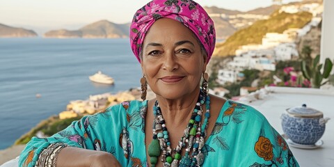 Obraz premium Woman smiles, wearing a pink turban and turquoise dress. She is on a balcony with a sea view