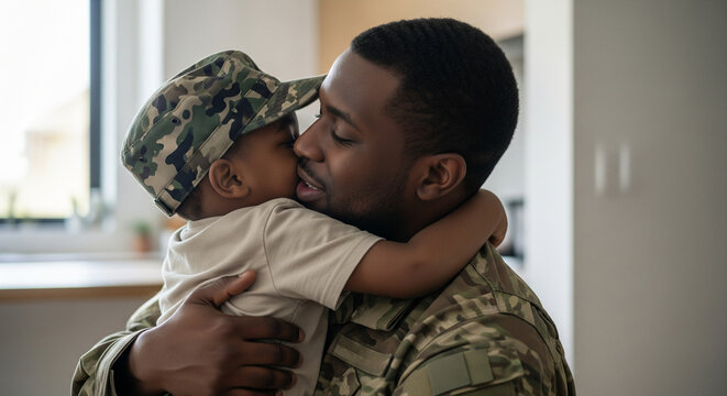 Military father reunited hugging child indoors