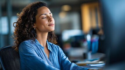 Office employee in meditative state at workstation soft workplace environment corporate mindfulness practice desk meditation scene business wellness moment with copy space
