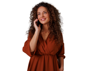 Professional woman making a phone call, smiling and communicating, showing connection and modern technology concept on transparent background