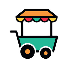 A colorful and playful vector line icon illustration of a street food vending cart or kiosk featuring a teal body and a bright orange roof