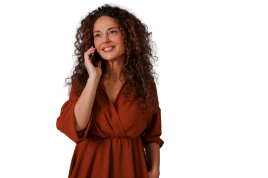 Professional woman making a phone call, smiling and communicating, showing connection and modern technology concept on transparent background