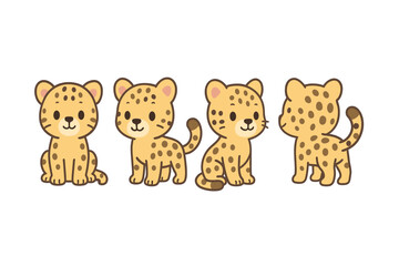 Naklejka premium Cute cartoon cheetah cubs in various poses with simple line style