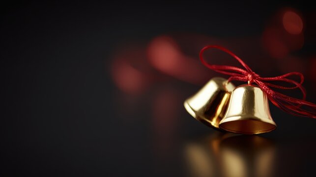 Golden Christmas bells with red ribbon and glowing festive lights on dark background, holiday decoration concept - Powered by Adobe