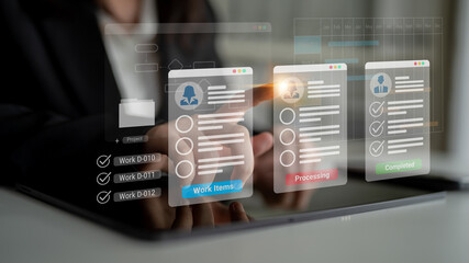 Digital interface displaying project tasks under Work Items, Processing, and Completed categories with Gantt chart timeline visualization Parse