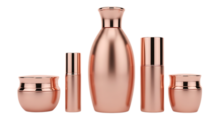 Collection of rose gold metallic cosmetic bottles and jars with reflective surfaces, isolated on a transparent background, cutout, PNG