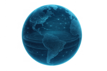 Digitally rendered earth globe displaying illuminated network points and lines across north and south america, representing global connectivity