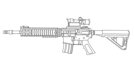 illustration of a modern tactical weapon with a telescopic sight. The M4 carbine is drawn with lines. For a design on the theme of weaponry and military service.