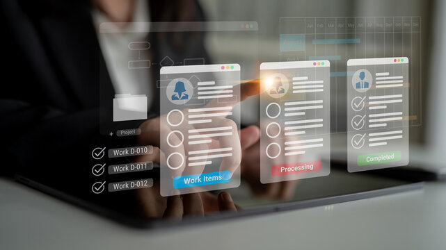 Digital interface displaying project tasks under Work Items, Processing, and Completed categories with Gantt chart timeline visualization Parse