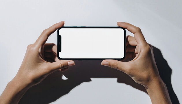 Hands holding a smartphone with a blank white screen in landscape mode, perfect for a product mockup or app interface presentation, isolated on a white background, showcasing a modern digital device
