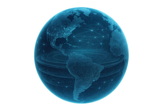 Digitally rendered earth globe displaying illuminated network points and lines across north and south america, representing global connectivity