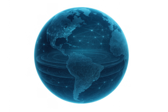 Digitally rendered earth globe displaying illuminated network points and lines across north and south america, representing global connectivity - Powered by Adobe