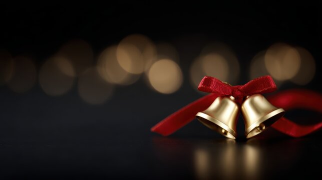 Golden Christmas bells with red ribbon and glowing festive lights on dark background, holiday decoration concept - Powered by Adobe