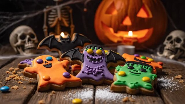 Spooky Halloween Cookies and Decorations with Candle Light in a Festive Rustic Arrangement