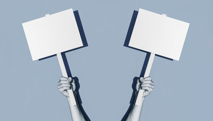 Two hands holding blank signs for your message mockup, perfect for protest demonstration, announcement, or advertising text space on blue background
