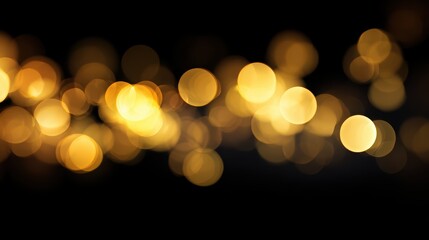 Fototapeta premium Warm golden Christmas lights creating soft bokeh circles on a deep black background, festive glowing mood