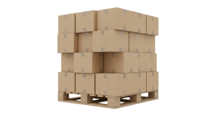Stack of Cardboard Boxes on Wooden Shipping Pallet, isolated on a transparent background, cutout, PNG