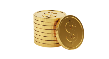 Stack of gold coins with dollar symbols, isolated on a transparent background, cutout, PNG