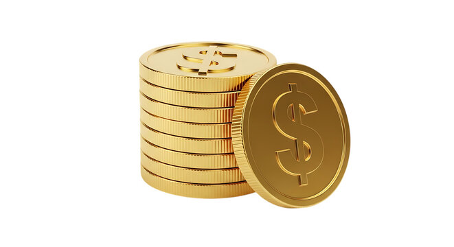 Stack of gold coins with dollar symbols, isolated on a transparent background, cutout, PNG