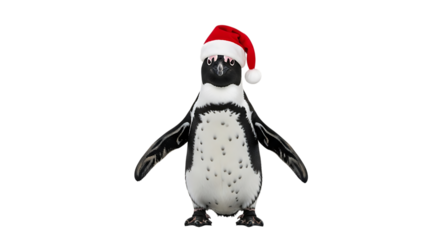 Penguin wearing a red and white Santa hat with a fluffy white pompom, isolated on a transparent background, cutout, PNG