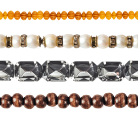 Isolated seamless 4k photo of decorative vintage plastic and wooden bead lines on white background.